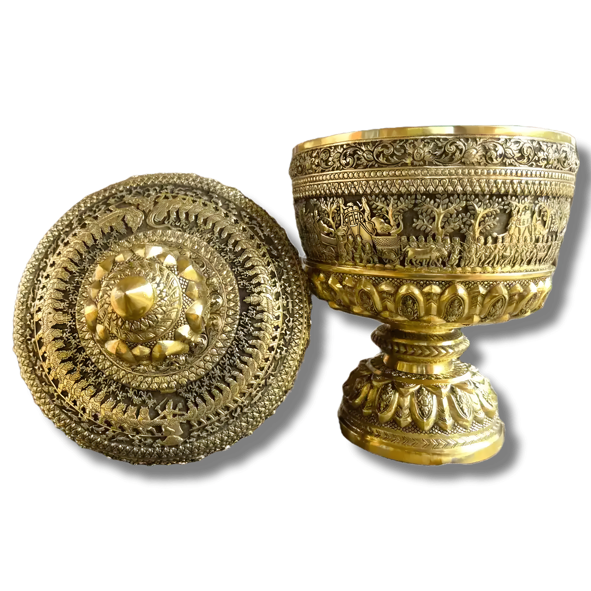 Mini solid brass niello bowl on pedestal with ornate carved lid beside it, traditional relief patterns