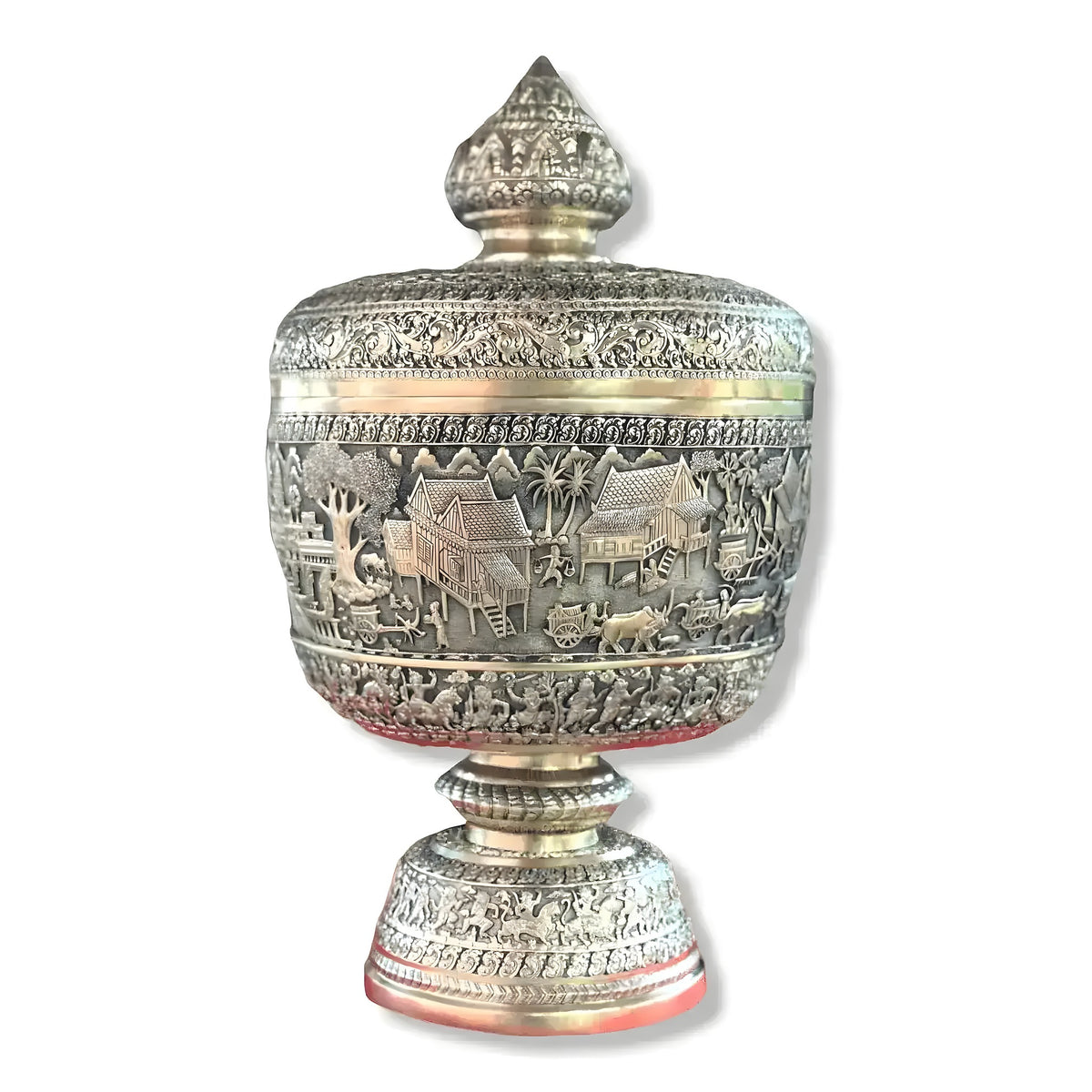 Side view of the mini silver niello bowl on pedestal with lid, engraved with stilt-house village scene
