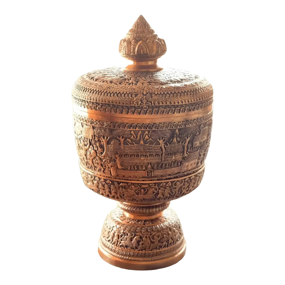 Mini classic brass niello bowl with ornate pedestal base and hand-engraved figurative bands