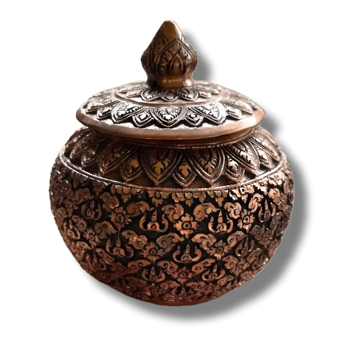 Round brass niello betel box, front view, dense gold-and-black floral scrollwork, lotus bud finial on domed lid