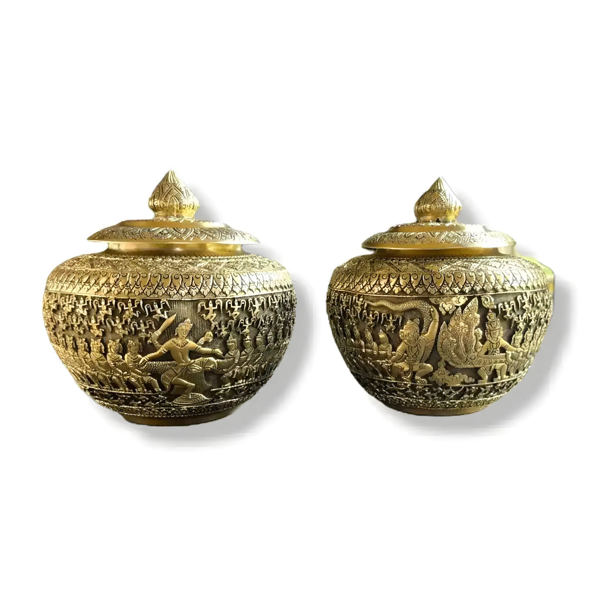 Pair of Ramayana brass betel boxes with lotus bud lids showing epic scene engravings on rounded belly