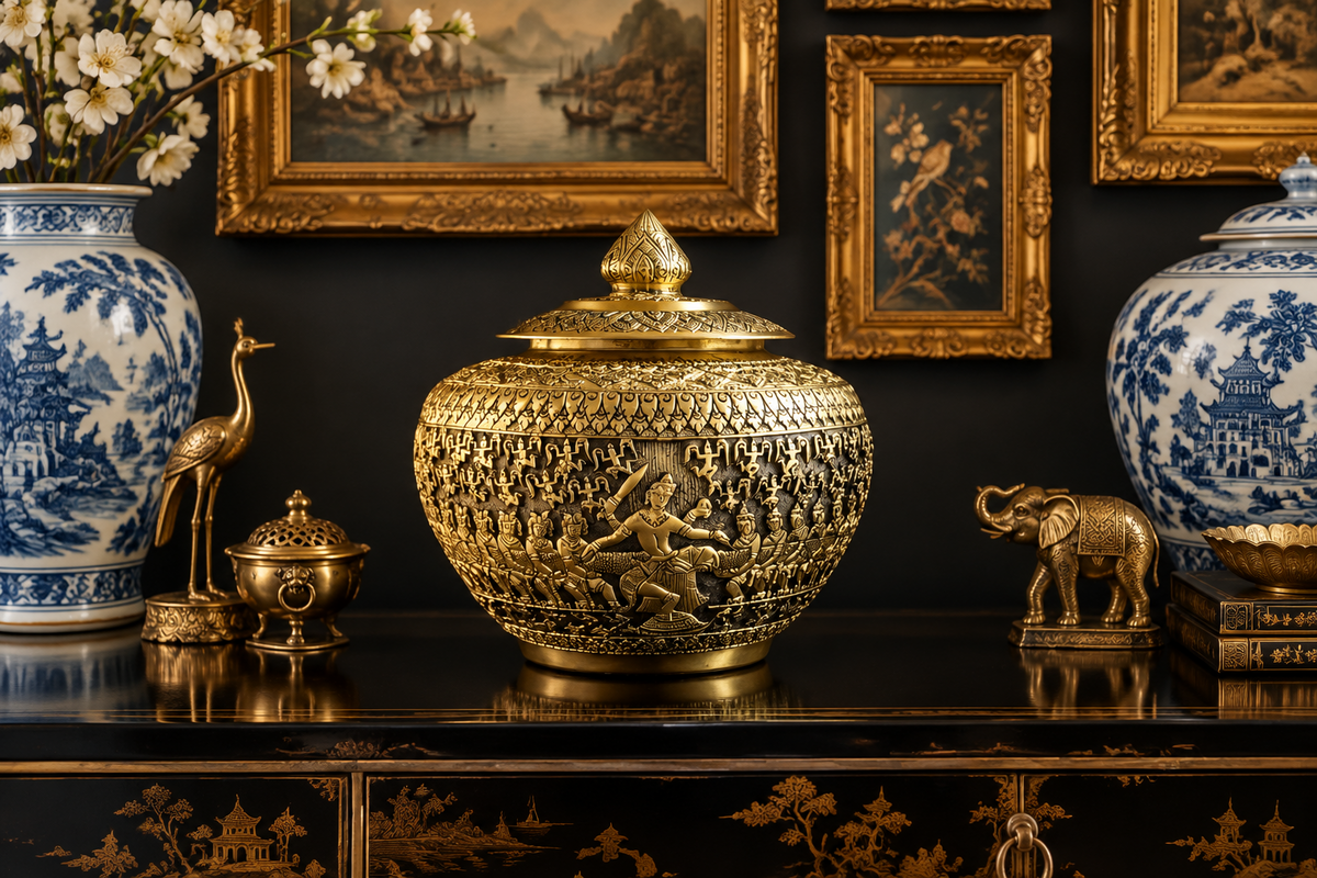 Hand Engraved Solid Brass Niello Betel Box with Lotus Lid - Ramayana