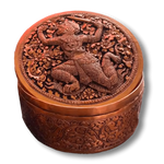 Mini round brass niello betel box, Hanuman warrior figure engraved on domed lid with floral scrollwork sides