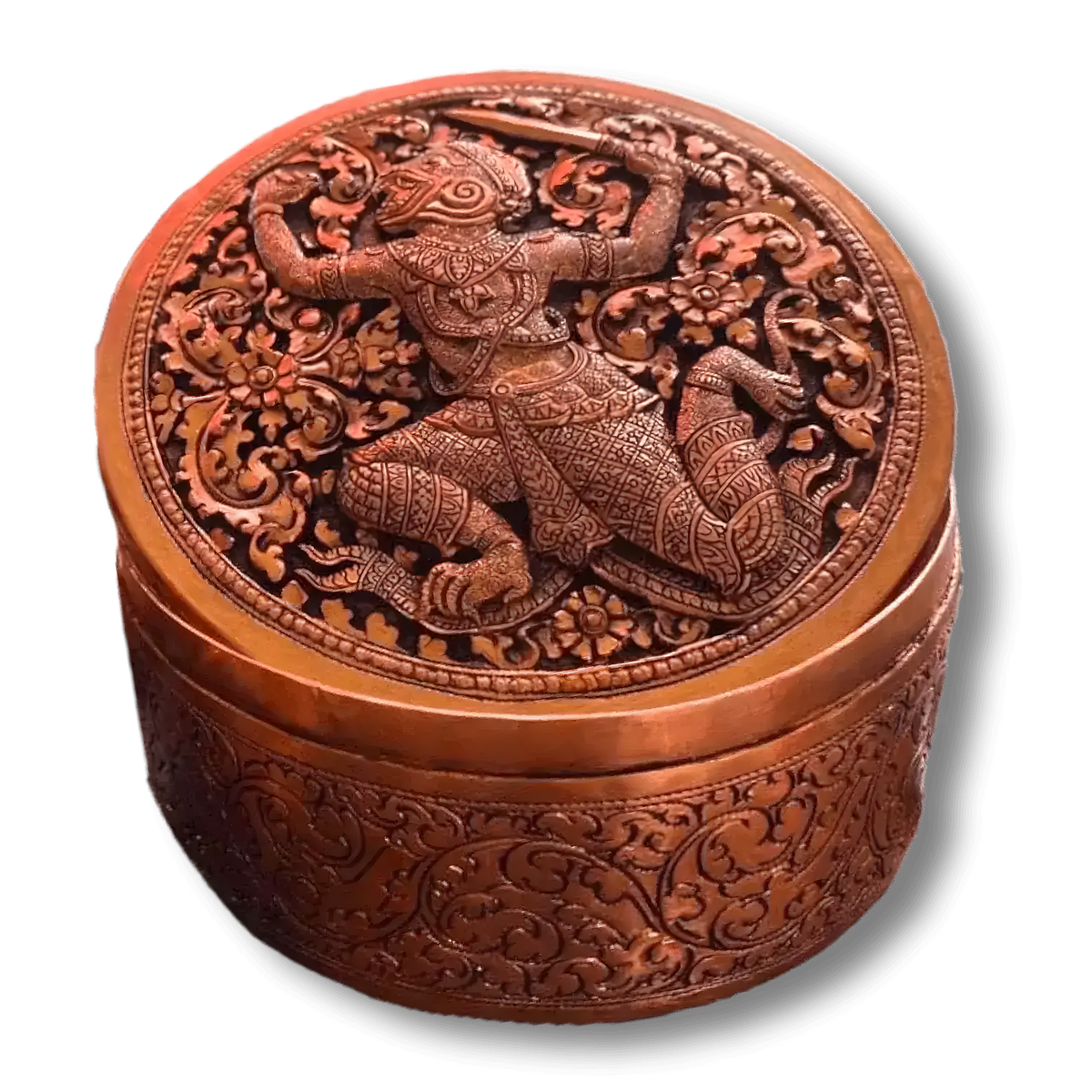 Mini round brass niello betel box, Hanuman warrior figure engraved on domed lid with floral scrollwork sides