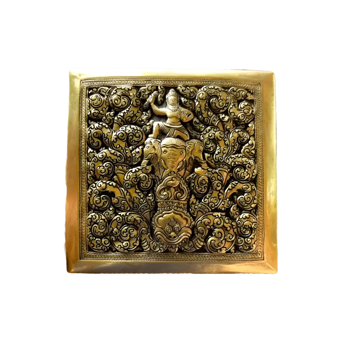 Top view of small square brass betel box with deep elephant and deity motif amid gold floral scrollwork