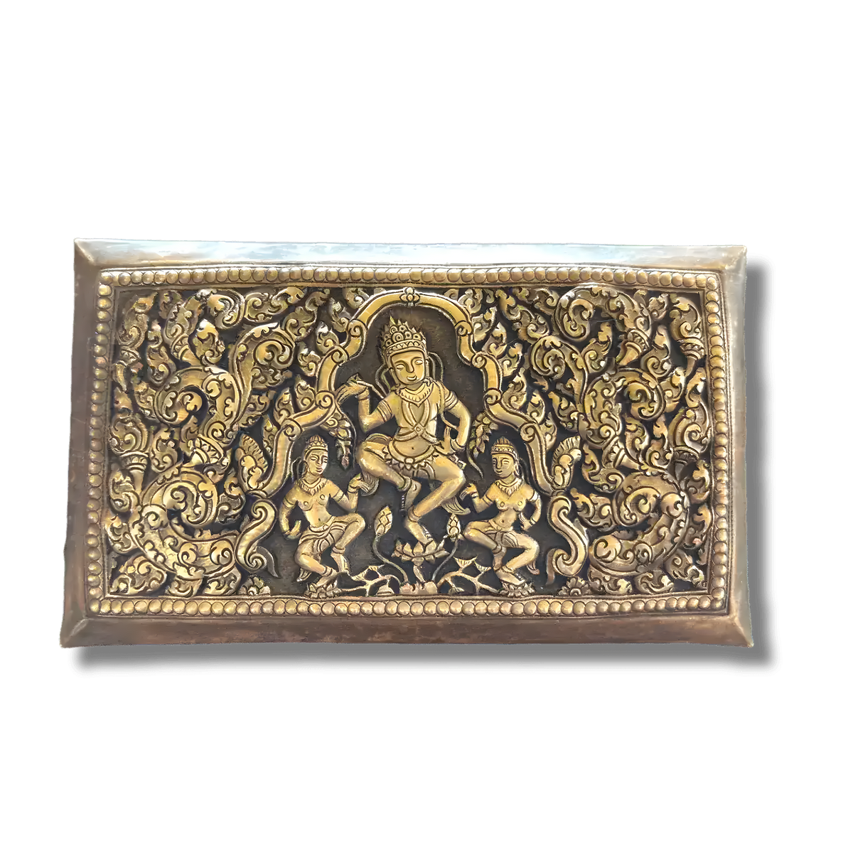 Rectangular brass Apsara betel box top view, dancing deity and figures in gold niello relief against dark background, beaded border