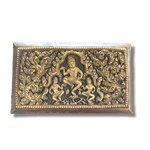 Rectangular brass Apsara betel box top view, dancing deity and figures in gold niello relief against dark background, beaded border