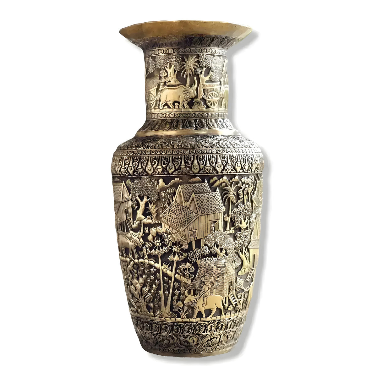 Brass niello flower vase with engraved Khmer village scenes — elephants, huts, palms on aged gold surface