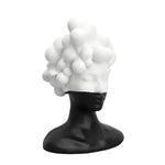 Angled view of bubble female head sculpture, matte black bust with cluster of white spherical bubbles as hair