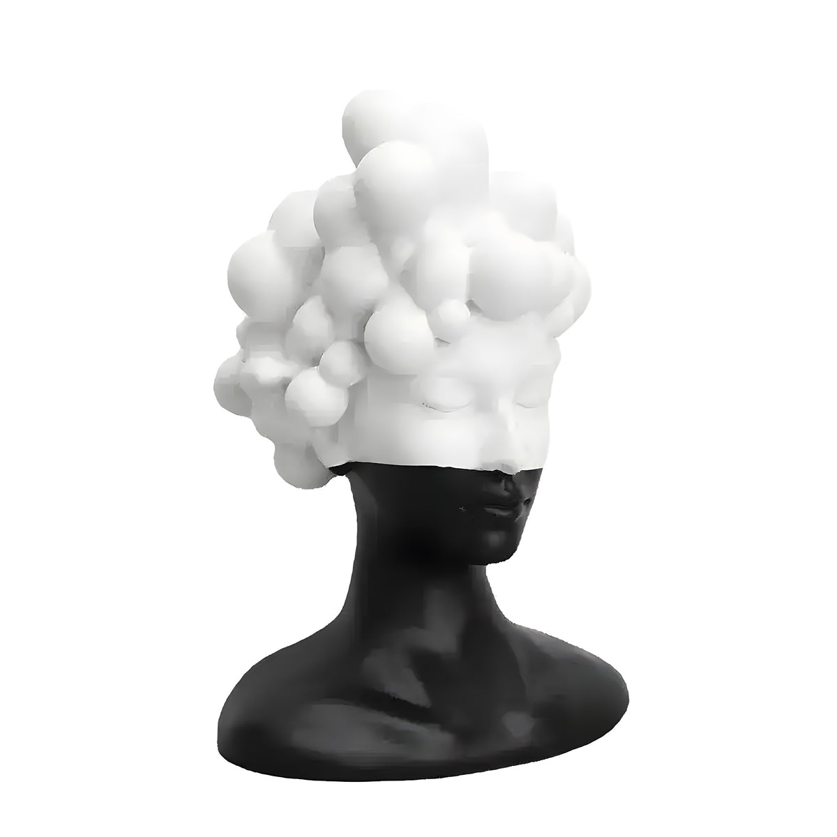 Angled view of bubble female head sculpture, matte black bust with cluster of white spherical bubbles as hair