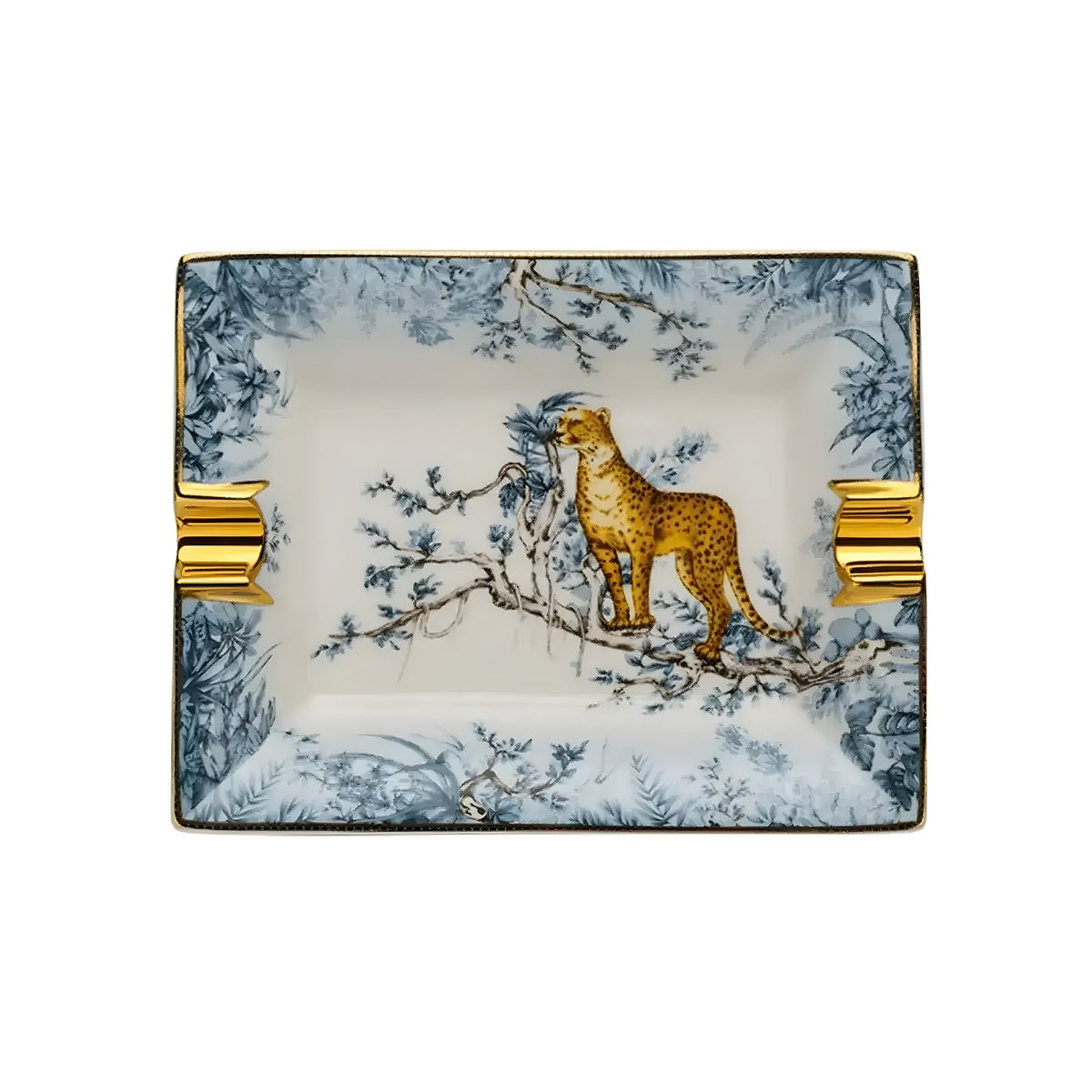 Vintage Leopard porcelain tray flat lay, white center with leopard-in-forest illustration, blue botanical border, gold rim and rests