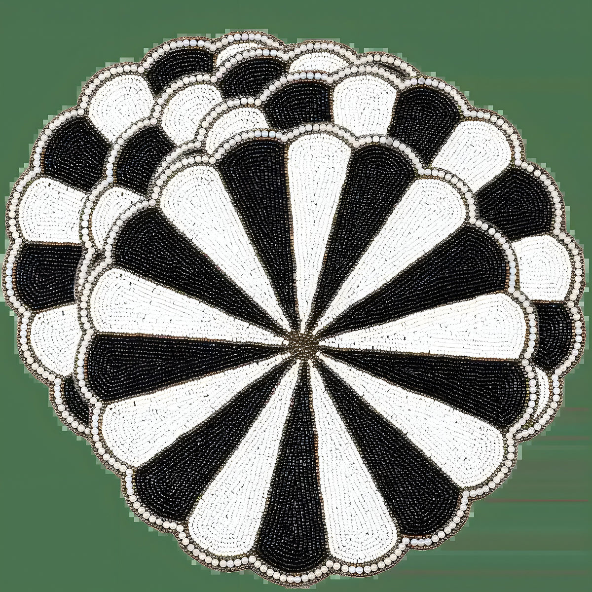 Round beaded placemat with alternating black and white seed bead radial wedge fan pattern and scalloped pearl border