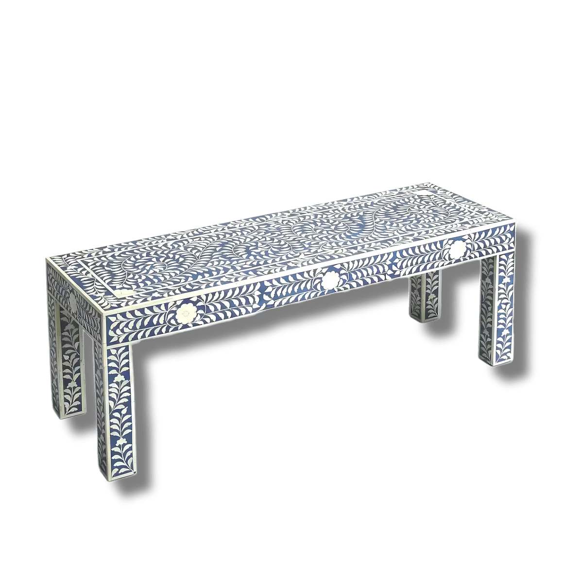 White and blue floral bone inlay bench, angled view, white botanical vine-and-flower pattern on navy blue ground over all surfaces