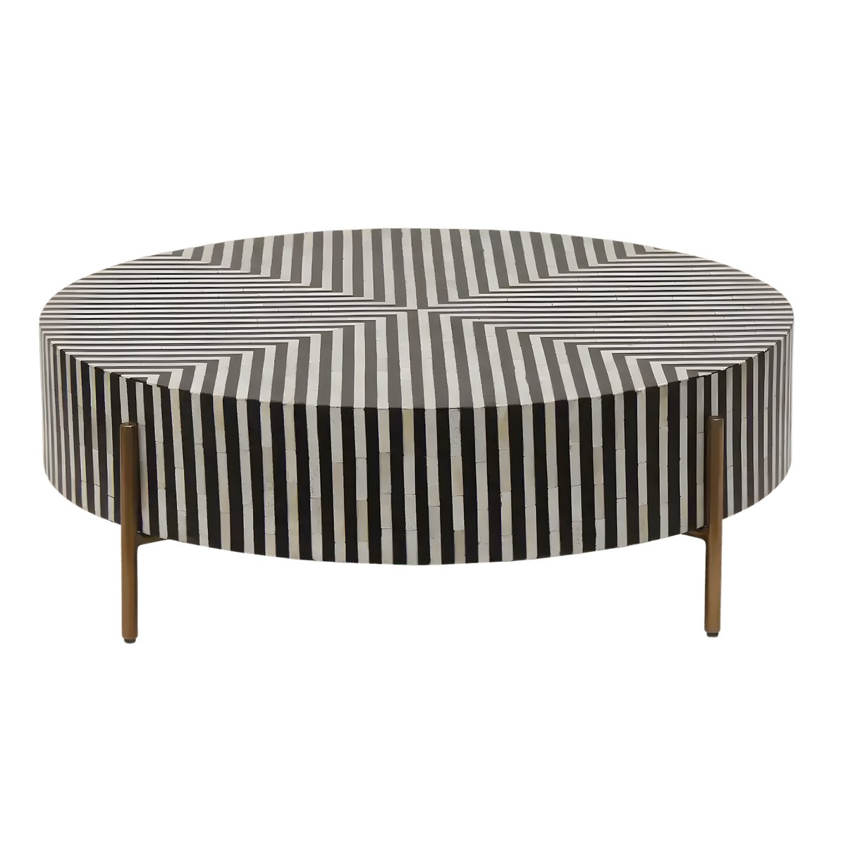 Round bone inlay coffee table with bold black and white stripe geometric top, three brass hairpin legs, side view