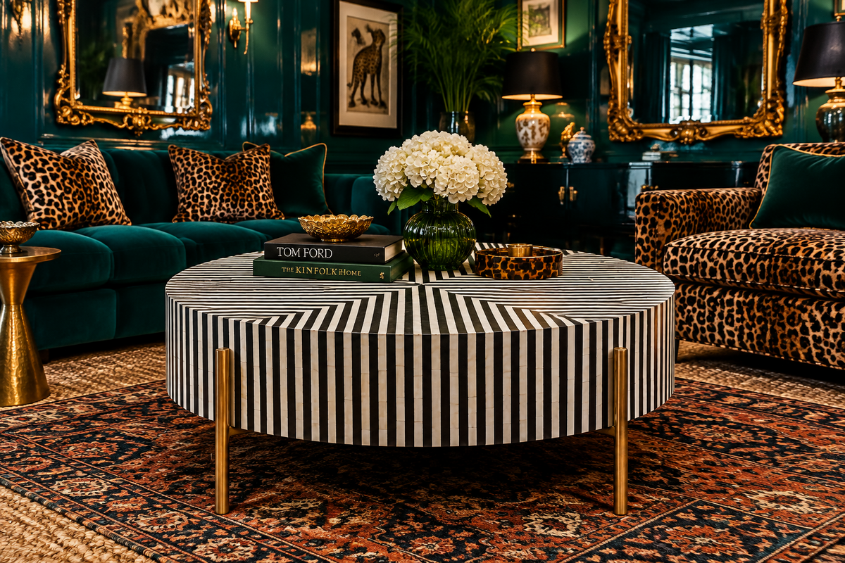 Black and White Stripe Bone Inlay Round Coffee Table