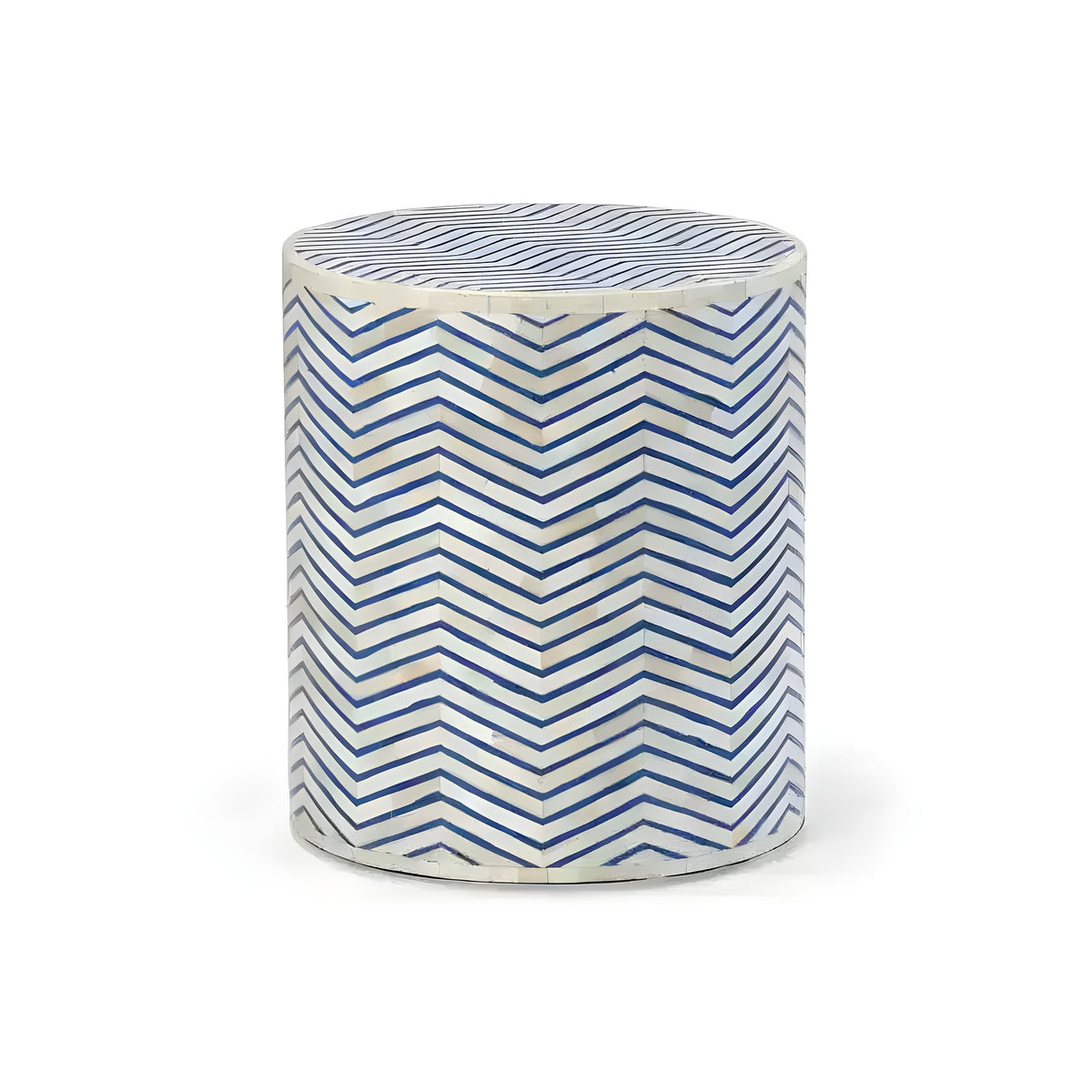 Blue and white chevron zigzag bone inlay round side table, full view showing cylindrical form and disc top