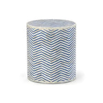 Blue and white chevron zigzag bone inlay round side table, full view showing cylindrical form and disc top