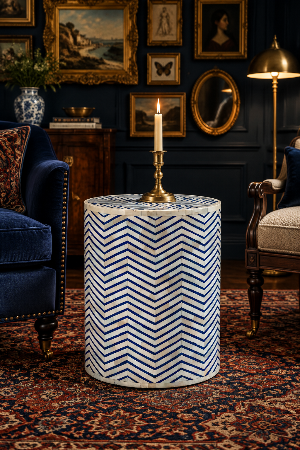 Blue Zic Zag Bone Inlay Round Side Table