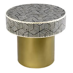 Round accent table angled: black-white geometric bone inlay drum top, brushed gold cylinder pedestal