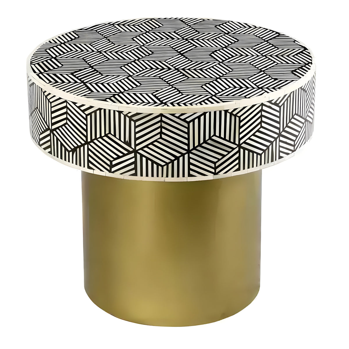 Round accent table angled: black-white geometric bone inlay drum top, brushed gold cylinder pedestal
