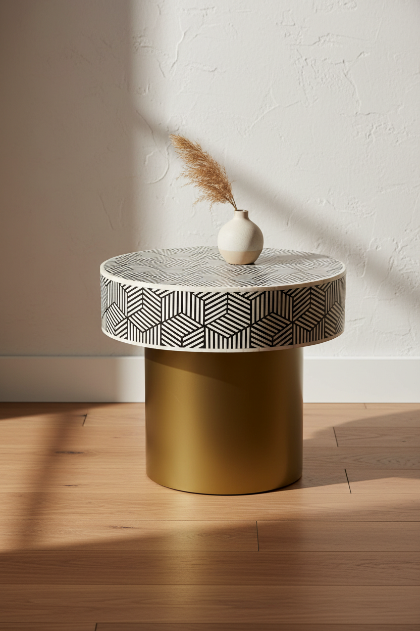 A modern round side table with a black and white geometric patterned top and a metallic gold cylindrical base, styled with a small white vase of pampas grass on a light wood floor against a textured white wall.