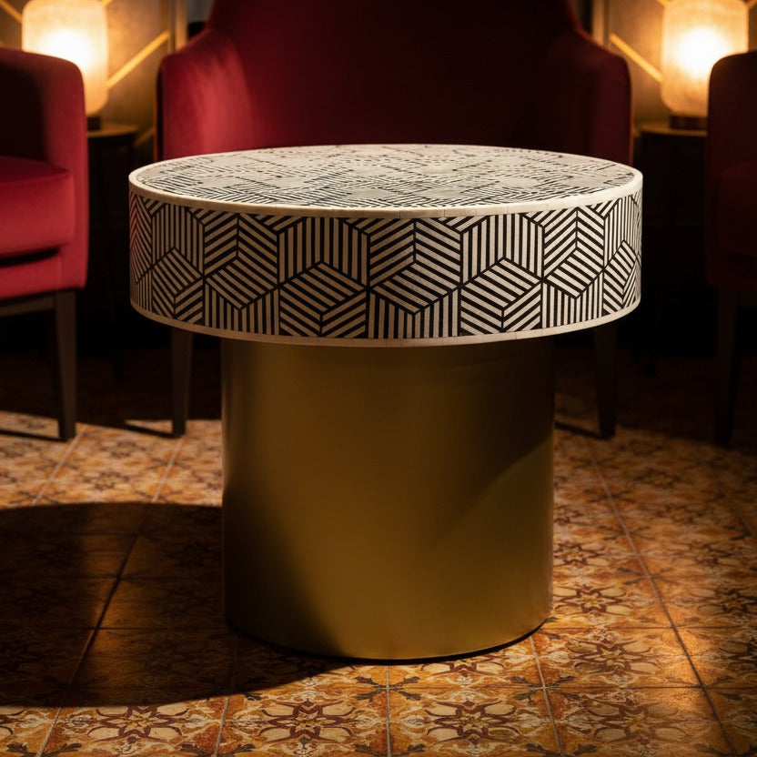 Gold Base Bone Inlay Geometric Round Accent Table styled in a room setting