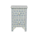 Powder blue hexagonal honeycomb bone inlay 2-drawer nightstand with arched apron and ivory knobs, front view