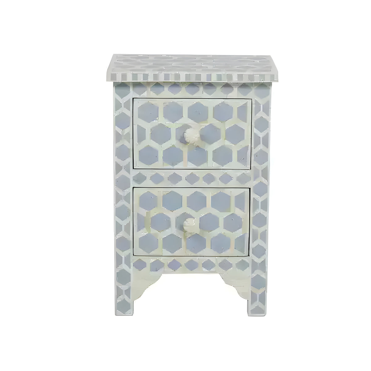 Powder blue hexagonal honeycomb bone inlay 2-drawer nightstand with arched apron and ivory knobs, front view