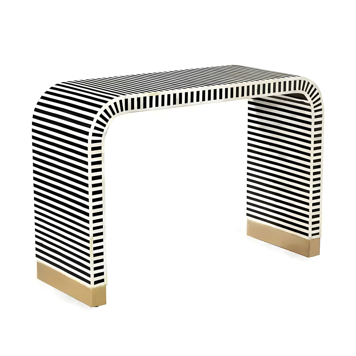 Waterfall bone inlay console table, black and white horizontal stripes, curved arch shape, brass foot caps, angled view