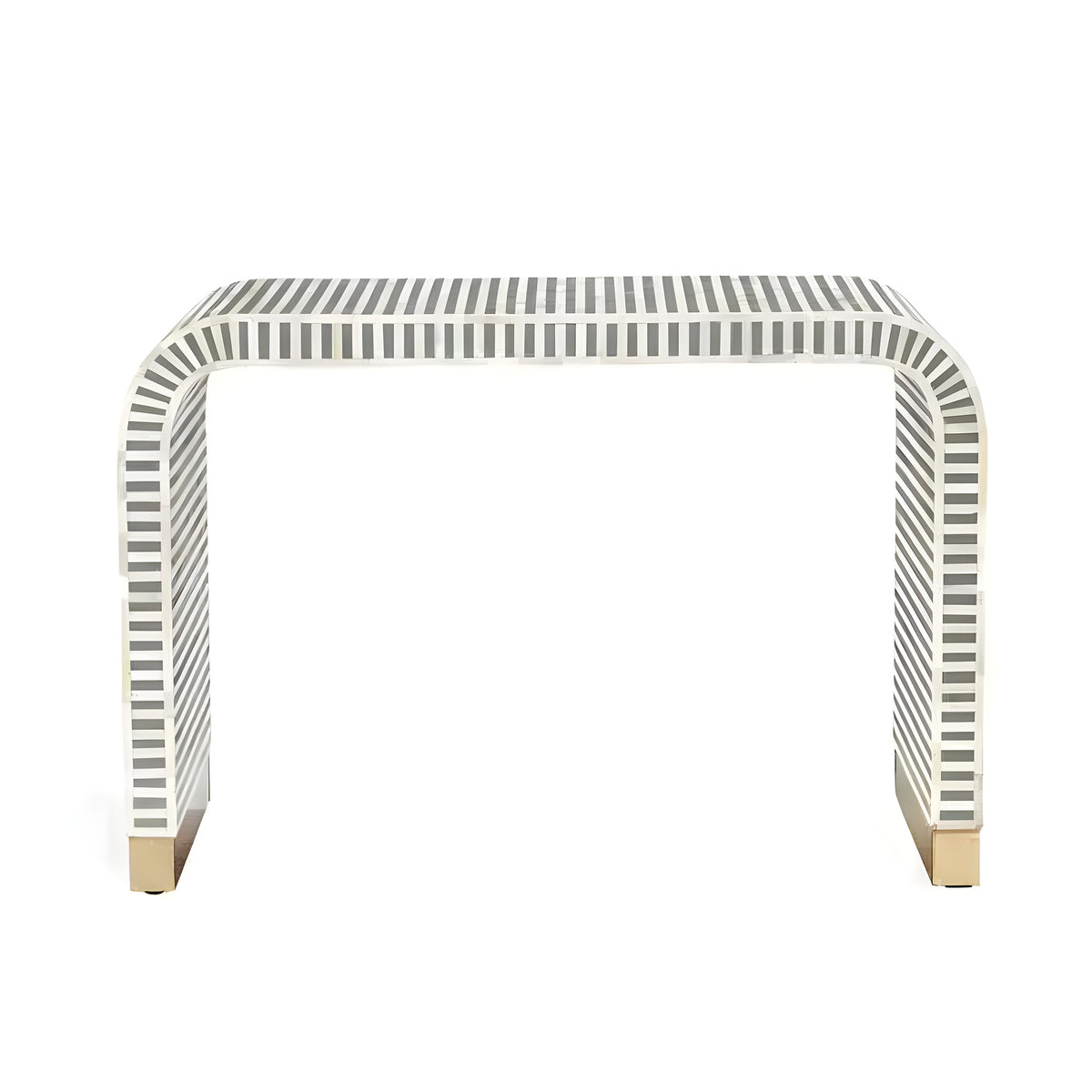 Gray and white stripe waterfall bone inlay console table, front view, arched waterfall form with gold brass toe caps
