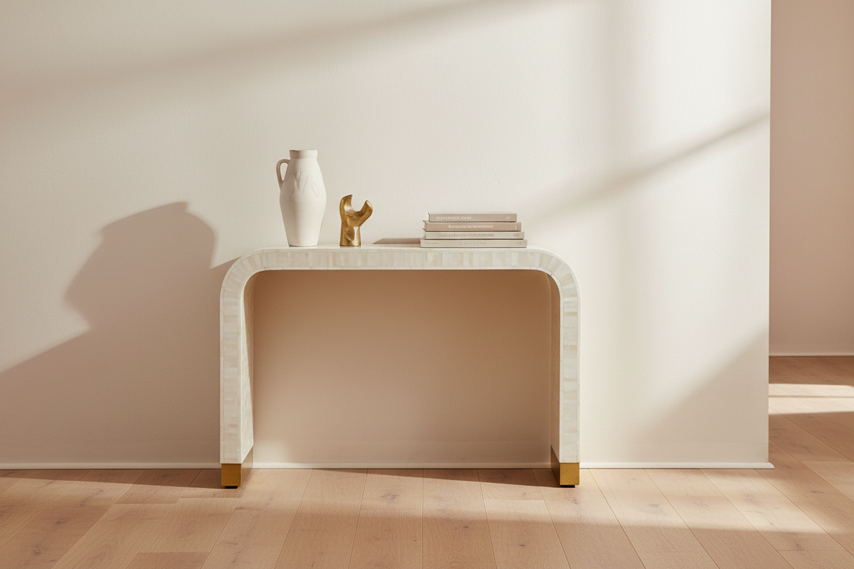 A modern console table with a curved white marble-look top and gold-toned legs, styled with a white ceramic vase, a small gold sculpture, and a stack of books against a warm beige wall with soft window shadows.