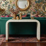 Natural Stripe Waterfall Bone Inlay Console Table with Brass Leg styled in a room setting