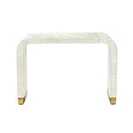Waterfall bone inlay console table, ivory natural stripe mosaic surface, rounded arch legs, gold brass foot caps