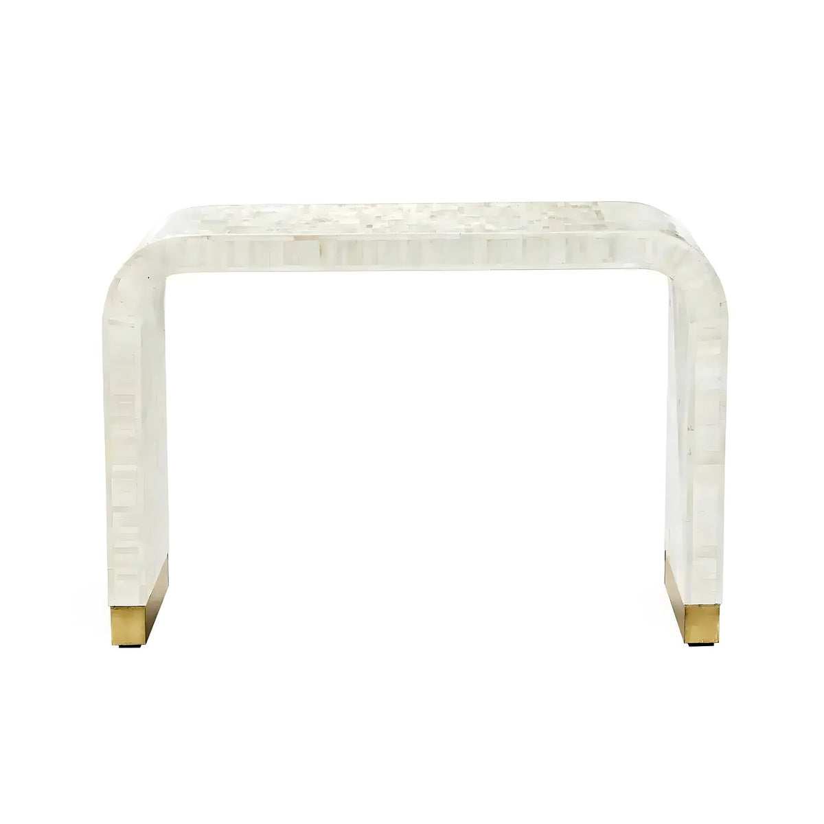 Waterfall bone inlay console table, ivory natural stripe mosaic surface, rounded arch legs, gold brass foot caps