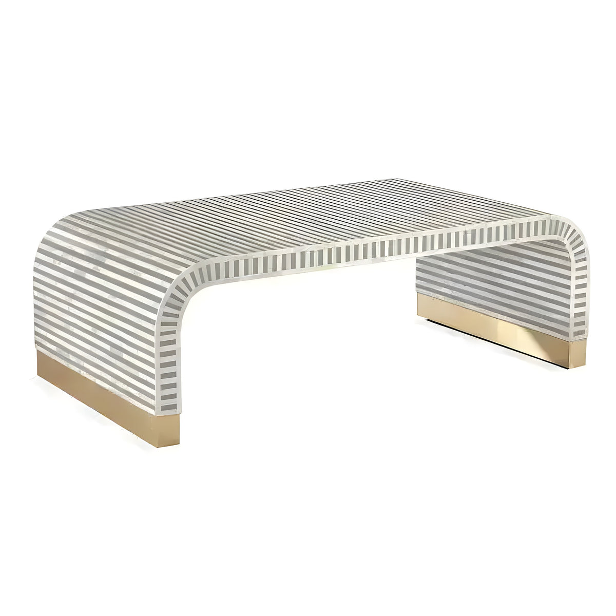 Gray and white vertical stripe bone inlay waterfall coffee table with polished brass feet, angled 3/4 view