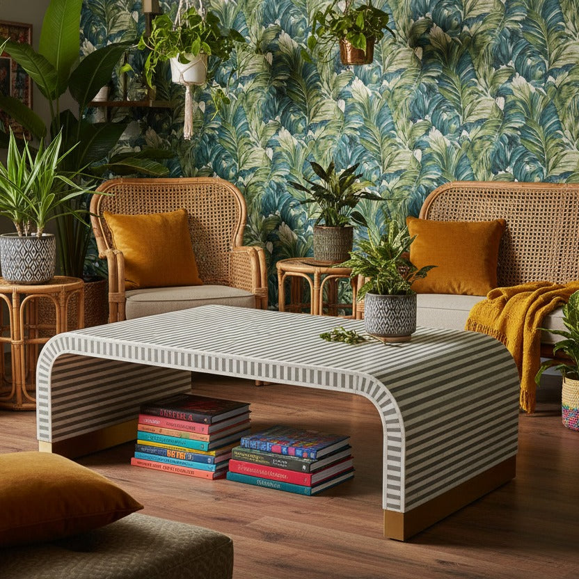 Gray and White Stripe Waterfall Bone Inlay Coffee Table with Brass Leg styled in a room setting