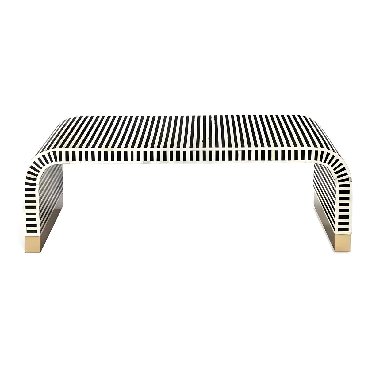 Black-white stripe bone inlay waterfall coffee table front view, brass foot caps, curved edges
