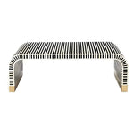 Black-white stripe bone inlay waterfall coffee table front view, brass foot caps, curved edges