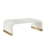 Waterfall bone inlay coffee table, ivory stripe pattern with polished brass foot rails, white background