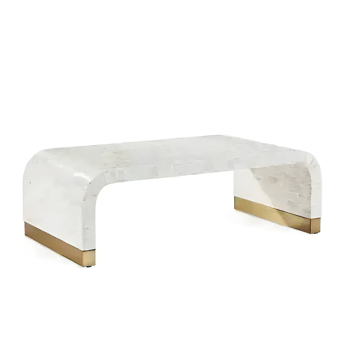 Waterfall bone inlay coffee table, ivory stripe pattern with polished brass foot rails, white background