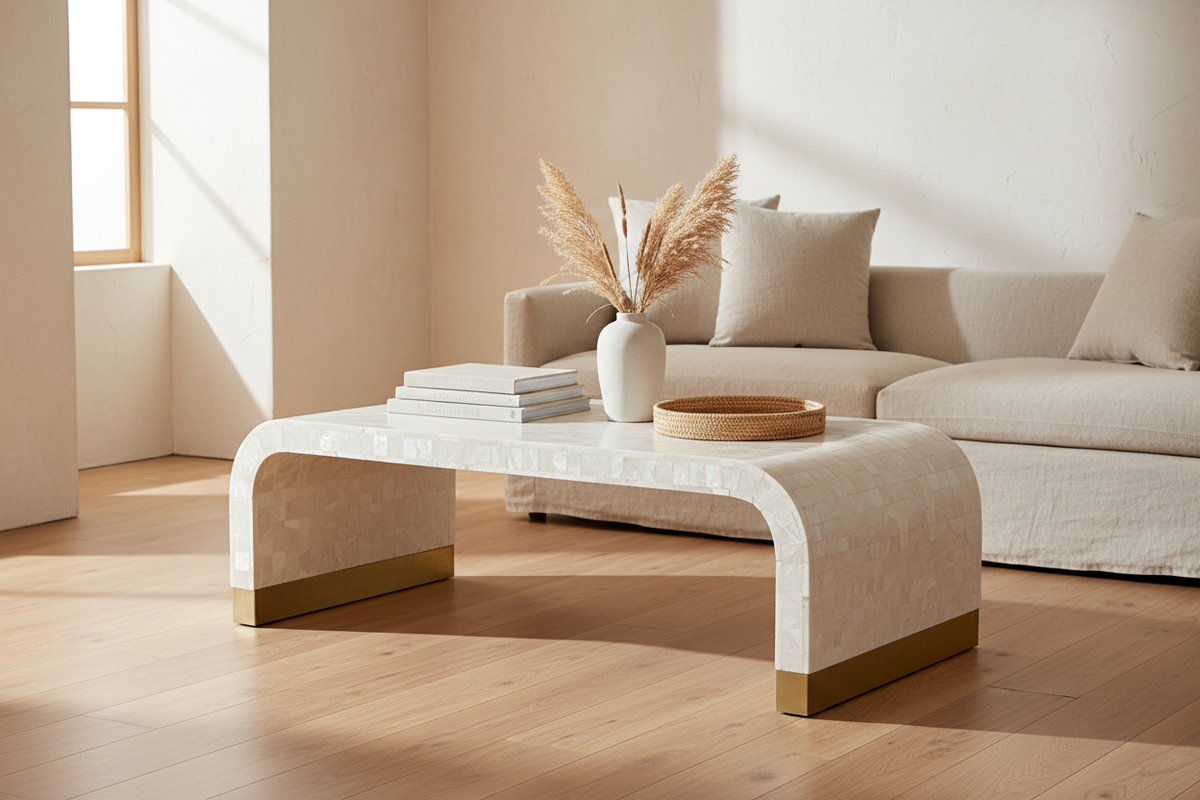A modern curved coffee table with a textured cream marble top and gold-toned metal base, styled in a minimalist living room with a beige sofa and wood flooring.