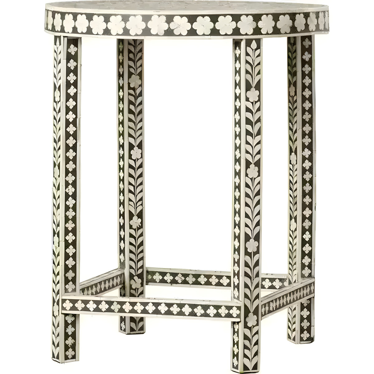 Desi bone inlay end table: black ground with white floral vine inlay on legs, round top with flower border, white bg
