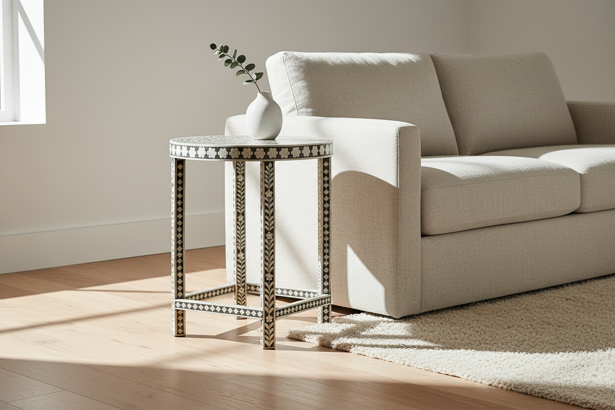 A small round accent side table with a black and white mosaic inlay, positioned next to a light beige fabric sofa in a bright, modern living room.