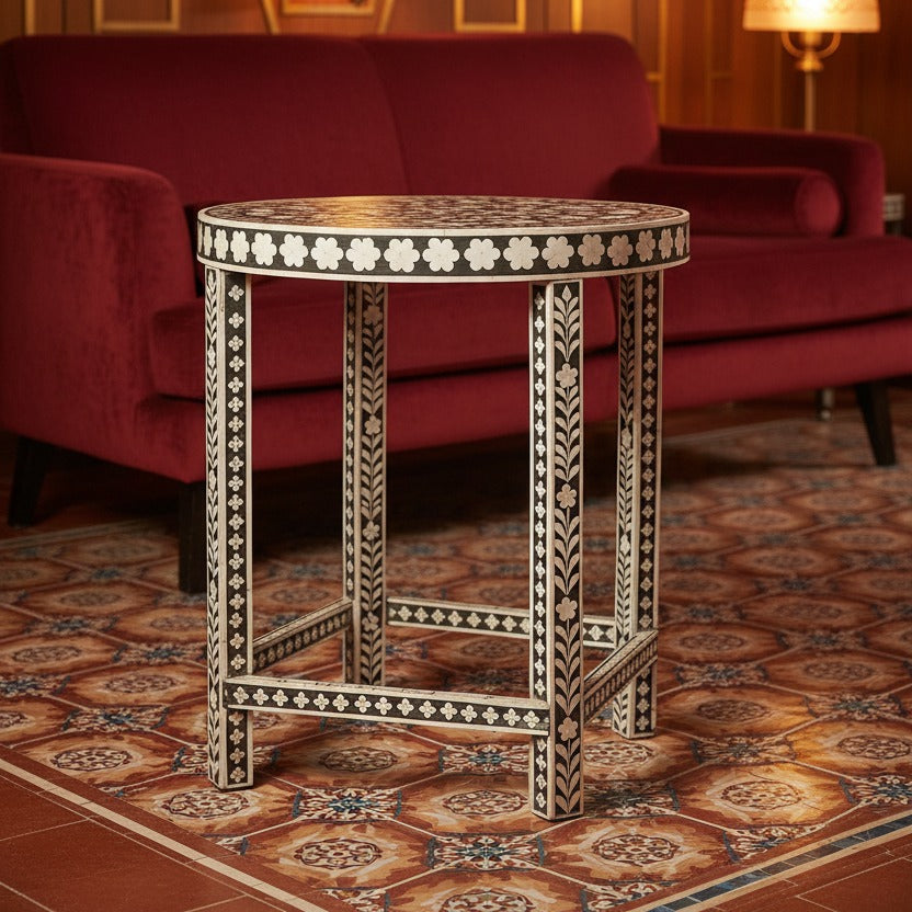 Desi Black and White Bone Inlay End Table styled in a room setting