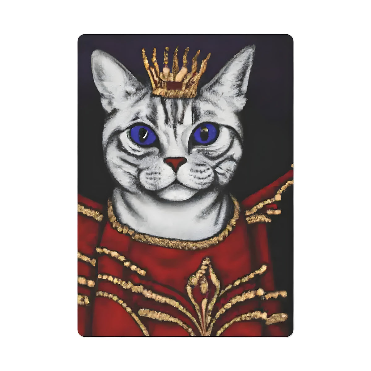 Cat queen poker card face — regal white cat in red and gold royal robe with gold crown, blue eyes, dark background