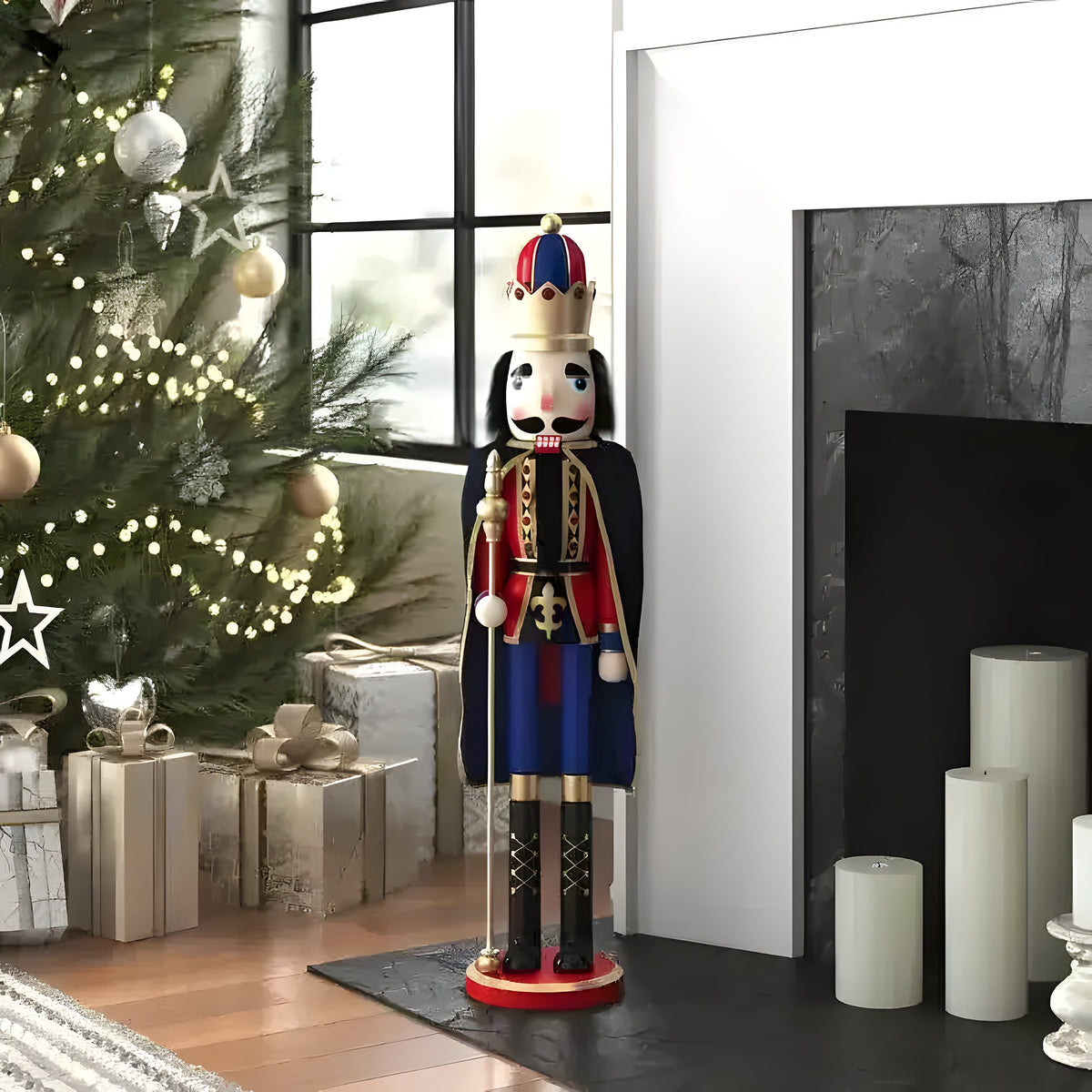 Nutcracker king with cape beside lit Christmas tree — red blue gold uniform with scepter, black boots, pillar candles