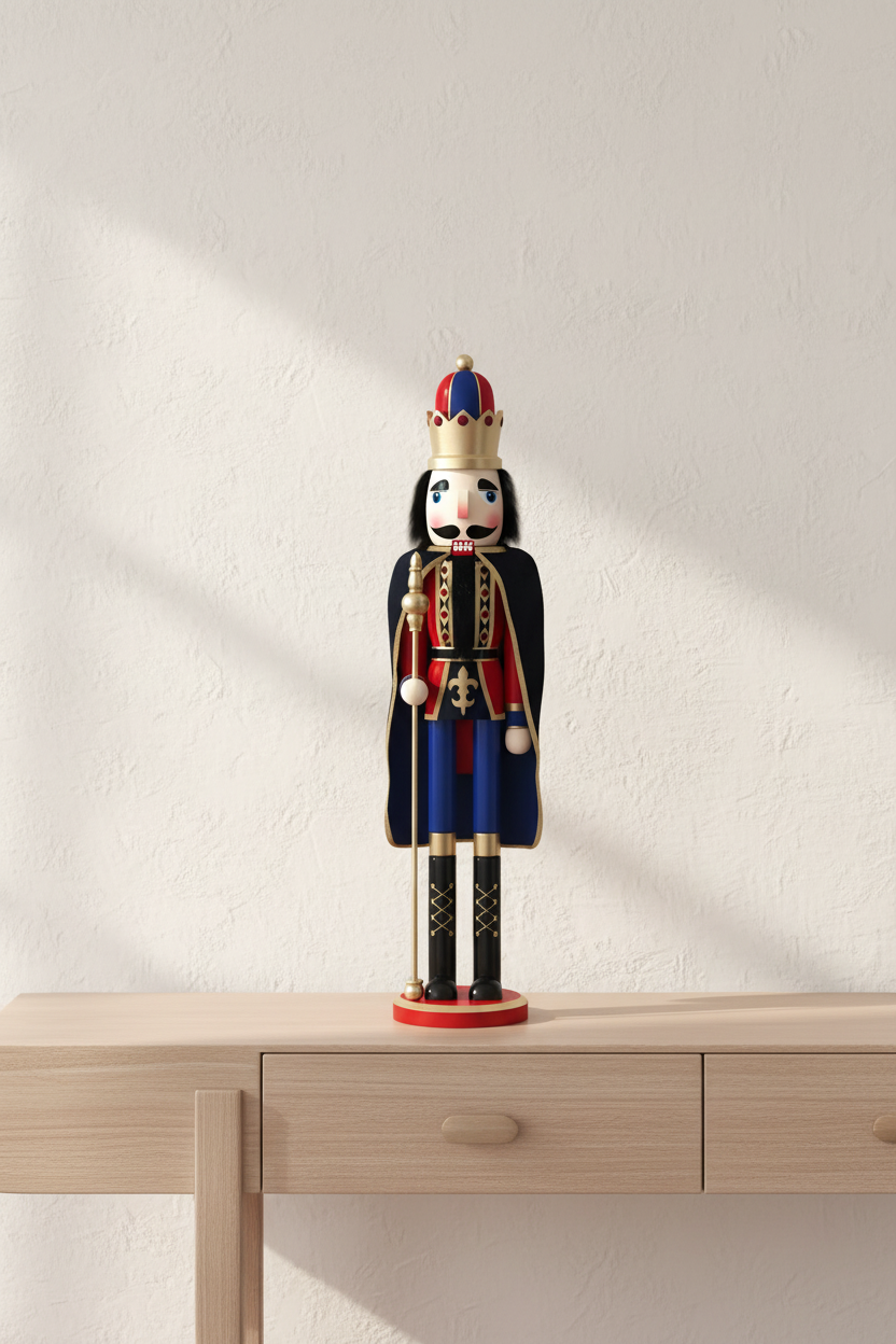 A traditional wooden nutcracker figurine dressed as a king, standing on a light wood console table against a textured off-white wall with soft diagonal shadows.
