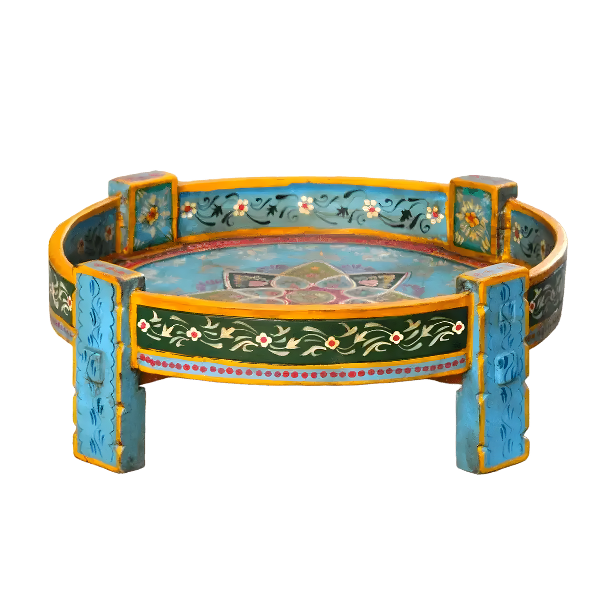 Hand-carved wooden chakki table — turquoise gold Rajasthani paint, floral vine apron, lotus motif on top, block legs