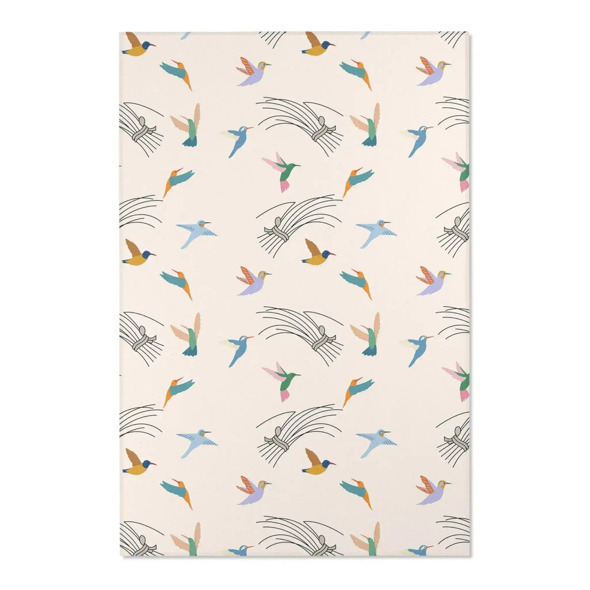 Patterned rug with colorful bird design on a beige background