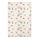 Patterned rug with colorful bird design on a beige background